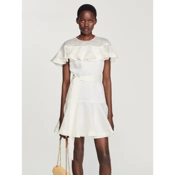 EOS Marca S 2023 Verão Nova Mulher francesa Curto Cintura Plissado Branco de Alta Qualidade de Design de Vestido para as Mulheres, Frete Grátis