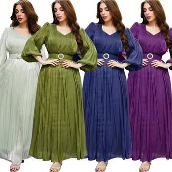 As Mulheres elegantes Muçulmano Brilhante Vestido de Cetim com Strass Cinto de Dubai Manto Vestidos Dinnering Perty Abaya Sólido Vestidos Midi