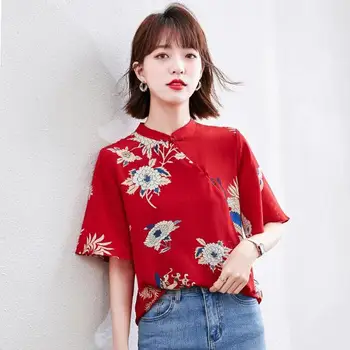 2023 chinês stand colarinho de camisa de chiffon oriental vermelho cheongsam mulheres vermelha diário casual qipao blusa vintage tangsuits blusa