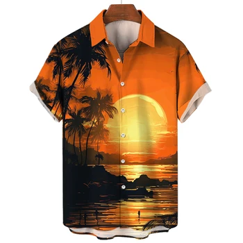2023 Camisas masculinas Tropical de Coco Árvore de Impressão Diário de Saída de Moletom Harajuku Roupa Casual de Verão, Camisas Para Homens Homens Topo