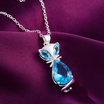 Prata 925 esterlina de charme Cristal Azul Fox Pingente de Colar Para Mulheres moda festa de casamento acessórios, Jóias de presentes de Natal
