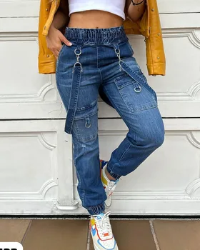 Anel De Decoração De Design De Bolso Jeans Suspender Macacão De Mulheres Calças De Brim Da Sarja De Nimes Em Geral Calças Moda Casual Cintura Alta