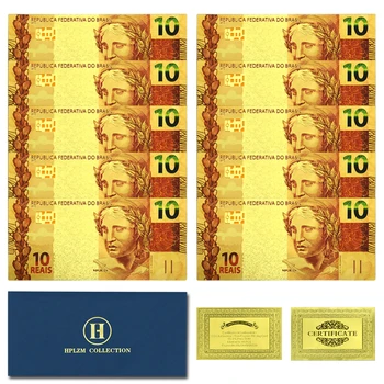 10pcs e Envelope Brasil, Folha de Ouro de Notas de 10 Reais Comemorativa Uncurrency de lembranças Artesanato