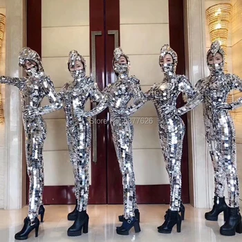 Homens mulheres Espelho Trajes de vidro Traje Cosplay parte mecânica do robô show de dança Espelho reflexivo macacão