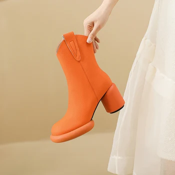 2023Autumn inverno Mulheres tornozelo botas de couro natural 22-25cm de couro+porco moderno botas rodada calcanhar botas de plataforma ocidental botas