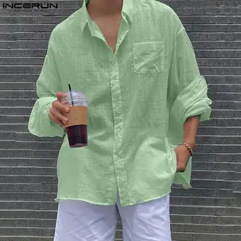 INCERUN Tops 2023 Estilo coreano Nova Mens Leve e Respirável Camisas Casuais Streetwear Sólido de Todos-jogo de Manga Longa Blusa S-5XL