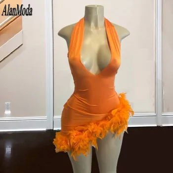 Sexy Laranja Vestido De Cocktail Halter As Mulheres De Luxo De Festa Vestidos De Penas Ocasião Formal Mini-Vestido De Baile