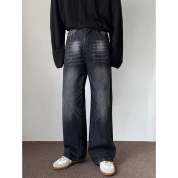 2023 Outono coreano estilo retro Fazer antigo pendurado tingimento de jeans para homens casuais solta de perna larga, denim, calças de brim dos homens com o tamanho M-XXL