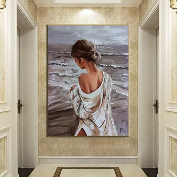 Pintura da lona Imprime Menina Bonita Caminhada na beira-Mar da Pintura a Óleo da Arte de Parede Resumo de Pôster e Imagem Para Decoração de Sala de estar