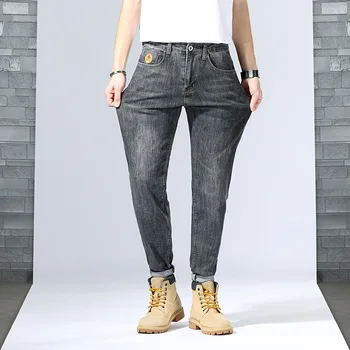 Alta Qualidade Elástica Homens de Jeans uma Calça Reta de Algodão de Negócios Calça Marcas de Moda Estilo Clássico Jeans Homem de Calças de Grande Tamanho