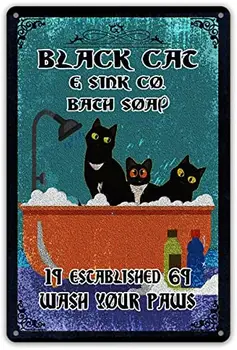 Engraçado que os Gatos Pretos e Banheira de Metal Estanho Sinal de Arte de Parede Decoração Retro Black Cat & Co Pia. Banho De Sabão De Lavagem Suas Patas Sinal