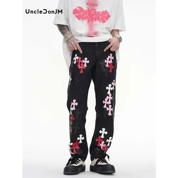 UncleDonJM Cruz-pele Bordado Jeans Y2k calças de Brim dos Homens Street Wear Jeans Harajuku Baggy Jeans Homens Dropshipping