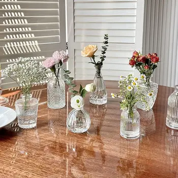 1PC Mini Casamento Vidro Vaso com Flores em Relevo Retro Transparente Hidroponia Vaso de Planta do ambiente de Trabalho de Enfeites para a Decoração Home