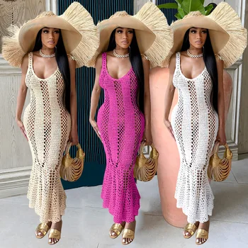 Crochê De Praia, Maxi Vestido Elegante, Sexy Club Vestido De 2023 Verão As Mulheres Elegantes De Luxo Bodycon De Pescoço De V Ocos Vestidos De Malha