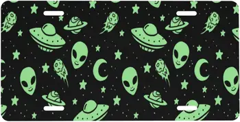 Green Alien Lua UFO Placa Decorativa Carro da Frente da Placa de Licença Espessamento de Alumínio Novidade da Placa de Licença
