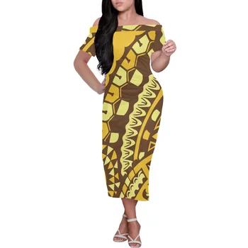 HYCOOL-Mulheres Amarelo Polinésia Tribal Impressão de Barra do Pescoço Curto Mangas Vestido de Verão, Vestido Elegante Festa de Casamento, o Convidado de se Vestir, de 2