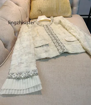 Mulheres Casaco De Lã Designer Francês Flare Sleeve Top De Laço De Luxo Beading Senhoras De Branco A Roupa Feminina Nova Chegar
