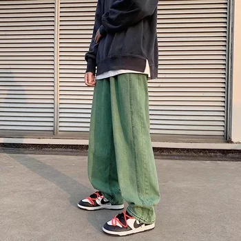 Calça Jeans masculina Novo Hong Kong Tendência de Estilo de Rua Folgado Verde, Denim, Calças de Perna Larga de Moda Casual Verde Masculino Calças