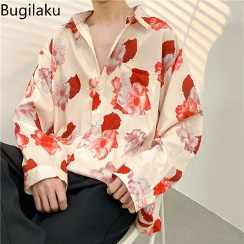 Bugilaku Flor camisa outono homens ruffian bonito versão coreana tendência casual folgada camisa de manga comprida