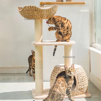 Buceta Desenho De Tecido Gato Torre Família Moderna Suprimentos Para Animais De Estimação Corda De Sisal Pós Árvore Do Gato Com Plataforma De Brinquedos Do Animal De Estimação Frame De Escalada