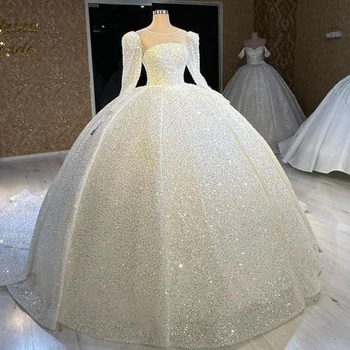 Luxo S-Long Neck Mangas Bola Vestido De Casamento Vestido De 2023 Requintado Brilhante Lantejoulas Tribunal De Trem Princesa Vestido De Noiva