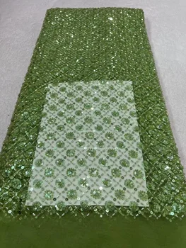 Verde de Luxo Africano Tecido de Renda 2023 Artesanal Esferas de Tule Tecido do Laço Sequências de Bordado francês Líquidas de Renda para o Vestido de Casamento