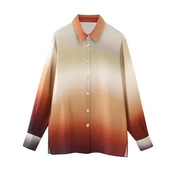 TRÁFICO de 2023 Mulheres do Vintage Empate Tingido de Impressão Suave Cetim Avental Blusa Senhora do Escritório Simples Botão de Camisa Chique Camisa Blusas, Tops