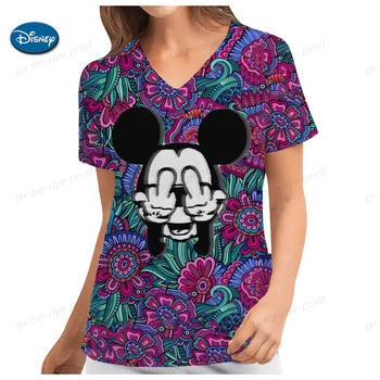 Hospital de T-shirts de Minnie Mouse Mulher Roupas de Verão Tops com Decote em V Mulheres Retro Enfermeira de Uniforme Camisa do Mickey de Disney T-shirt Bolso