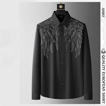 High-end personalizado asa quente diamante camisa de manga comprida masculina de primavera e de outono nova tendência casual de gelo grande seda topo