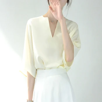 2023 Nova Moda de Verão de Design Atmosfera Elegante V-pescoço Solto Deslocações Simples Temperamento Versátil Sólido Mulheres Camisa