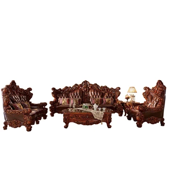 Dominante Europeia feito a mão em madeira maciça esculpida sofá estilo de luxo de couro genuíno 1+2+4 conjunto de sofá