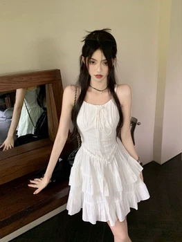 Mini Vestido Branco de Mulheres de Uma Peça de Senhoras coreano Moda feminina Verão Deslizamento de Vestidos de Festa 2023 Tendência Bonito Elegante, Chique Promoção