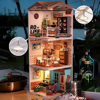 Quebra-cabeça 3D em Miniatura Casa de Café Livraria, Loja de Conveniência Montagem de Brinquedos com Luzes Coleção Decoração de Presente de Natal