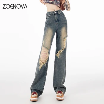 ZOENOVA American Retro Verão Fina Perna Reta Jeans com Caimento Solto Cintura Alta Slim Wide Leg Jeans Artística de Alta Street Style