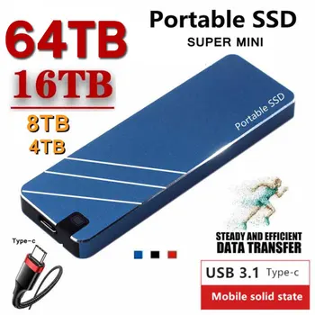2023 Mini Portátil SSD 64TB Tipo-C USB3.1 Externo Móveis, Unidades de Estado Sólido de Alta Velocidade 32TB Discos para computadores Portáteis, Telefones Andorid