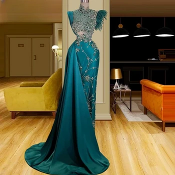 Floria Pena Verde Escuro Frisado Longo Sereia Vestidos de Noite Bordado árabe Festa de Formatura Gowsn com Trem De 2023 Vestido De Noiva