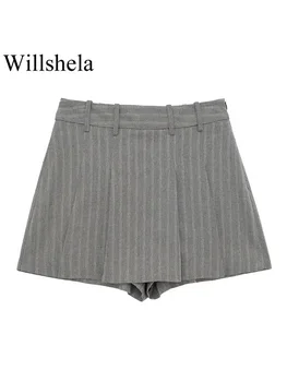 Willshela Mulheres Fashion Listrada Plissado Zíper Lateral Saias, Shorts Vintage Cintura Alta Fêmea Senhora Chique Shorts