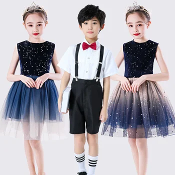 Crianças Pengpeng Fios Saia de Desempenho do Vestuário Masculino Feminino Primário Secundário Coro da Escola de Dança