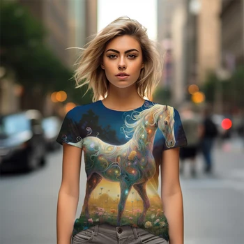 3D Moda Colorida Unicórnio Padrão de Impressão de T -shirts de Verão Novo Oversized T -shirts Venda de Moda de Rua de Senhoras T -shirts