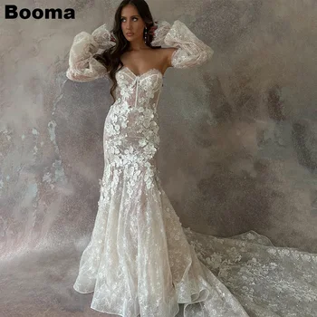 Booma Sereia Vestidos de Noiva Querida Apliques Puff Mangas Longas Bridals Vestidos de Festa para Mulheres Trem da Varredura Vestidos de Noivas
