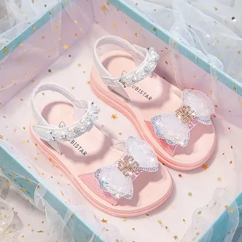Couro do PLUTÔNIO de Princesa Sandálias Para Meninas Diamante do cristal de rocha Arco de Moda Festa de Aniversário de Sapatos Para Adolescentes de Viagem Calçado de Praia