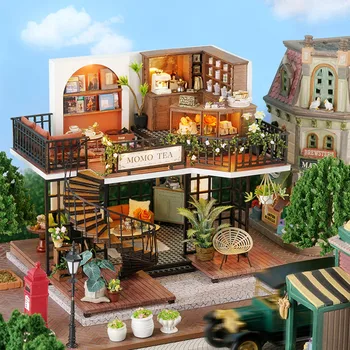 Casa de boneca com Dois andares de Luxo, Cafe da Casa casa de chá Vintage Modelo da Casa de Madeira, Casas de Boneca em Miniatura DIY Construção de Kits Móveis de Brinquedos