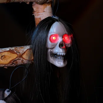 Halloween Suspensão Espírito Crânio com Cabelos Longos, Olhos Brilhantes Terror Crânio Ghost House Esqueleto da Cabeça Adereços 2023 Decoração de Halloween