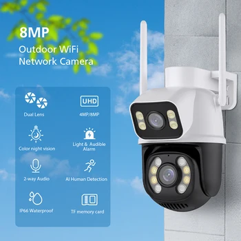 4K de 8MP Câmera IP com Visão Noturna Infravermelho Lente Dupla Exterior, wi-Fi Monitor Cam Rotação de 360 Graus IP65 Impermeável à Segurança doméstica