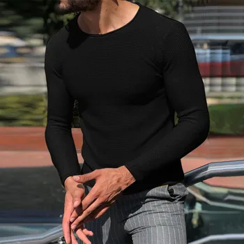 Homens Camisola Europeu E Americano de Moda masculina Casual Gola Redonda Camisola de Cor Sólida Slim Fit Longa Retro Roupas masculinas