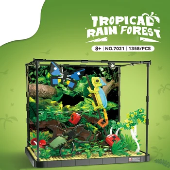 Criativo Micro-Paisagem MOC Construir Bloco de Animais da Floresta Tropical Modelo Tijolo Camaleão Borboleta, Besouro Brinquedo Com Luz
