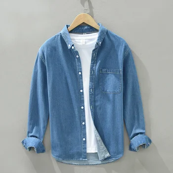 #7650 Preto Azul Vintage Streetwear Camisa Jeans Homens de Manga Longa 100% Algodão Solto Retro, calças de Brim, Camisa de Roupa Fina Camisa de homem