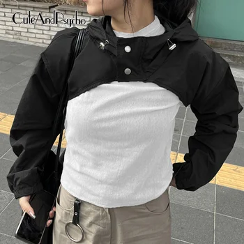 Cuteandpsycho Moda Streetwear Super-curto Batas dos Tops Botão Solto e Casual Hoodies Camisetas Sólido coreano Estético Mulheres Tops