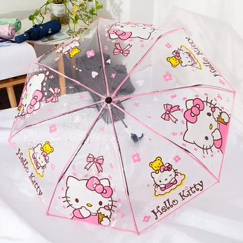 Hello Kitty Transparente Guarda-chuva Guarda-chuva Dobrável Anime Cartoon Guarda-chuva Três vezes crianças de guarda-chuva guarda-chuva de praia