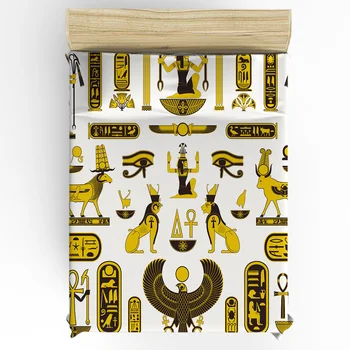 Hieróglifo Esculturas Templo Egípcio Antigo Costume de roupa de Cama Elástica Equipado Folha de Tampa de Colchão Casa lençol(sem fronhas)